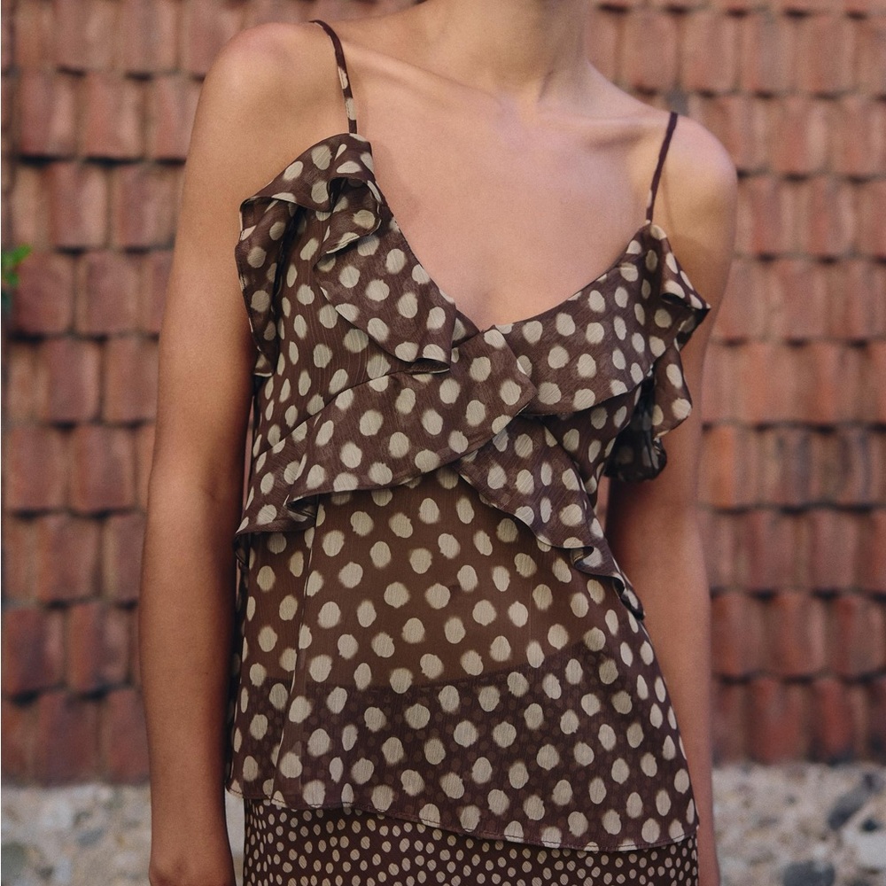 Zara - Flowy Polka Dot Print Ruffle Cami Tank Top Size XL Brown and Cream - Picture 2 of 12